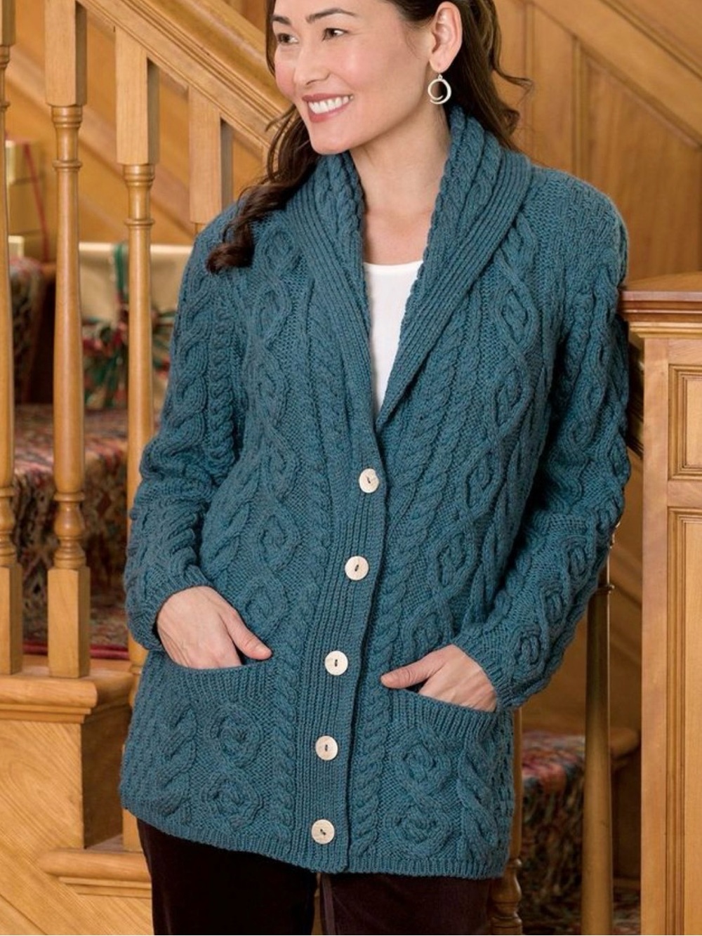 Shannon Woolen Mills Irish cable knit shawl collar cardigan sweater XL
